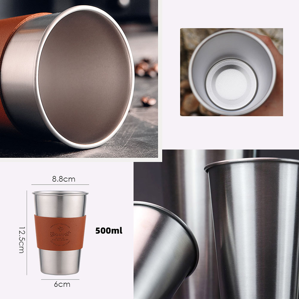 4 Pack 500ML Stainless Steel Cups, with Leather Case, for Laser Engraving