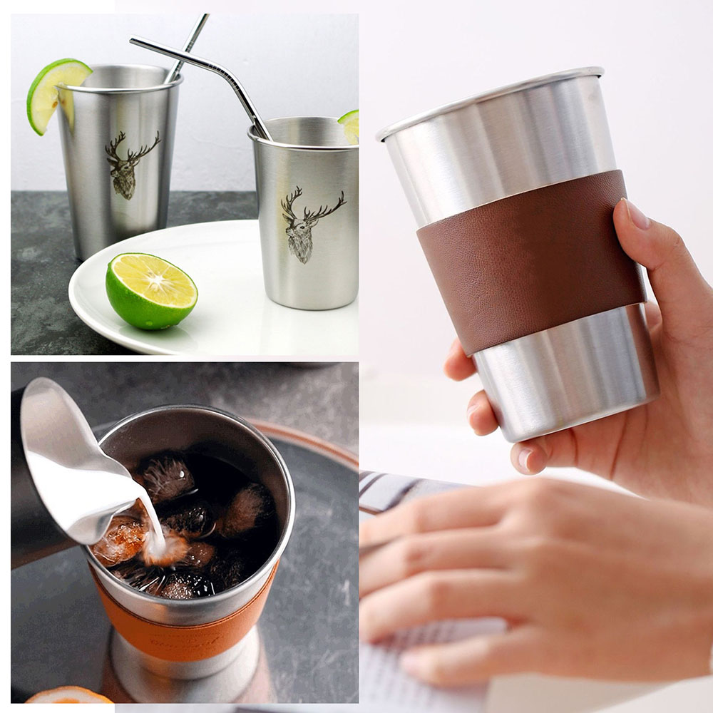 4 Pack 500ML Stainless Steel Cups, with Leather Case, for Laser Engraving