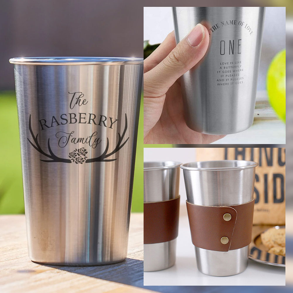 4 Pack 500ML Stainless Steel Cups, with Leather Case, for Laser Engraving