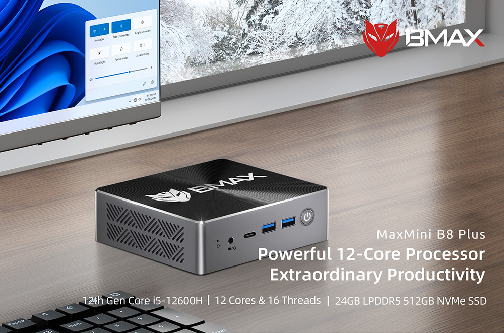 BMAX B8 Plus Mini PC, Intel Core i5-12600H 12 jadier max. 4,5 GHz, 24 GB LPDDR5 RAM 512 GB SSD, 2.4/5GHz WiFi Bluetooth 5.0, 2*HDMI 2.1 + Type-C 4K@60Hz Triple Screen Display, podpora Dynamic HDR & VRR, 2*USB 3.0 2*USB 2.0 1*RJ45 1*3.5mm Headset Jack