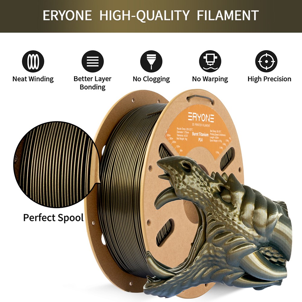 1kg ERYONE Burnt Titanium PLA 3D Printer Filament Dark Golden