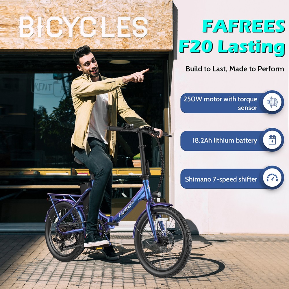 Fafrees F20 Lasting Electric Bike, 250W motor, 36V 18,2Ah batéria, 20*1.95'' pneumatiky, max. rýchlosť 25km/h, max. dojazd 120km, mechanické kotúčové brzdy, SHIMANO 7 rýchlostí - Aurora Blue