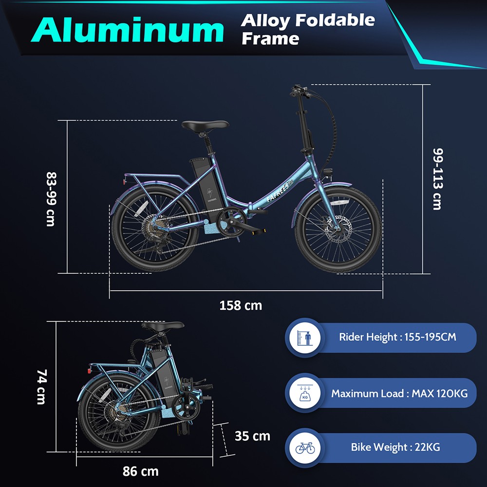 Fafrees F20 Lasting Electric Bike, 250W motor, 36V 18,2Ah batéria, 20*1.95'' pneumatiky, max. rýchlosť 25km/h, max. dojazd 120km, mechanické kotúčové brzdy, SHIMANO 7 rýchlostí - Aurora Blue