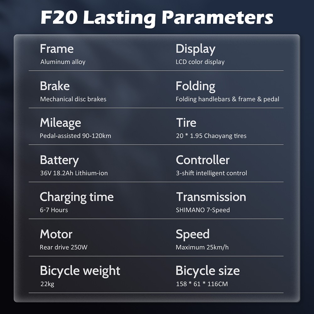 Fafrees F20 Lasting Electric Bike, 250W motor, 36V 18,2Ah batéria, 20*1,95'' pneumatiky, max. rýchlosť 25 km/h, max. dojazd 120 km, mechanické kotúčové brzdy, SHIMANO 7 rýchlostí - Aurora Blue