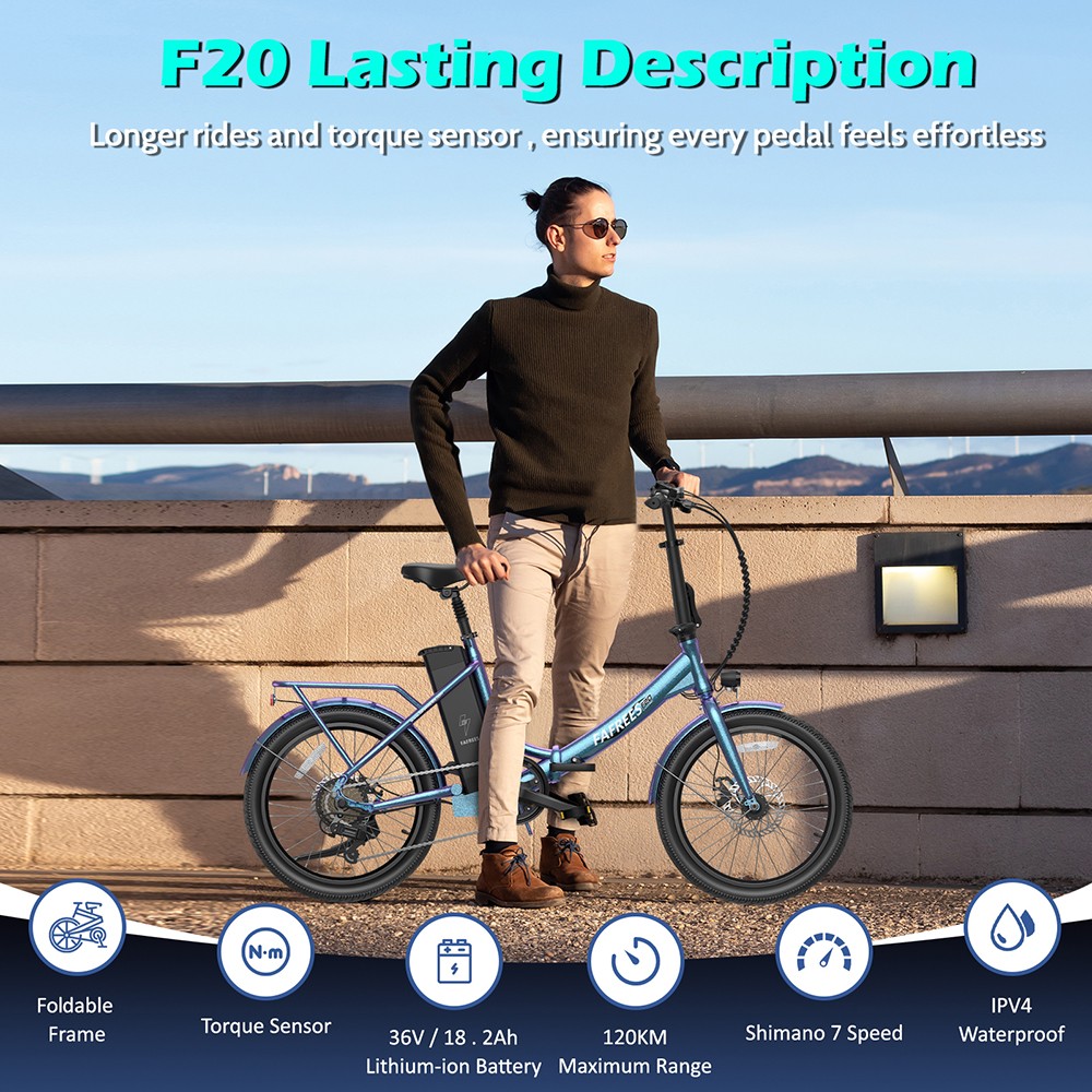 Fafrees F20 Lasting Electric Bike, 250W motor, 36V 18,2Ah batéria, 20*1.95'' pneumatiky, max. rýchlosť 25km/h, max. dojazd 120km, mechanické kotúčové brzdy, SHIMANO 7 rýchlostí - Aurora Blue