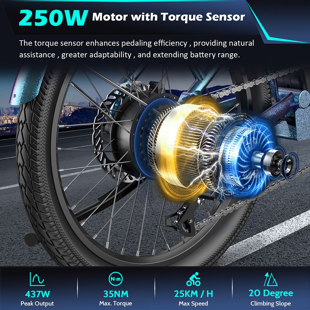 Fafrees F20 Lasting Electric Bike, 250W motor, 36V 18,2Ah batéria, 20*1.95'' pneumatiky, max. rýchlosť 25km/h, max. dojazd 120km, mechanické kotúčové brzdy, SHIMANO 7 rýchlostí - Aurora Blue