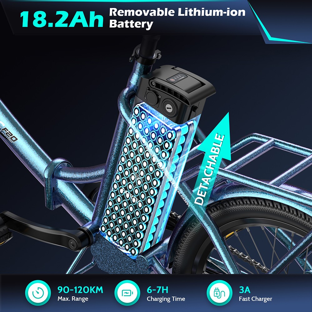 Fafrees F20 Lasting Electric Bike, 250W motor, 36V 18,2Ah batéria, 20*1.95'' pneumatiky, max. rýchlosť 25km/h, max. dojazd 120km, mechanické kotúčové brzdy, SHIMANO 7 rýchlostí - Aurora Blue