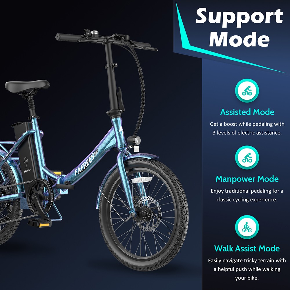 Fafrees F20 Lasting Electric Bike, 250W motor, 36V 18,2Ah batéria, 20*1.95'' pneumatiky, max. rýchlosť 25km/h, max. dojazd 120km, mechanické kotúčové brzdy, SHIMANO 7 rýchlostí - Aurora Blue