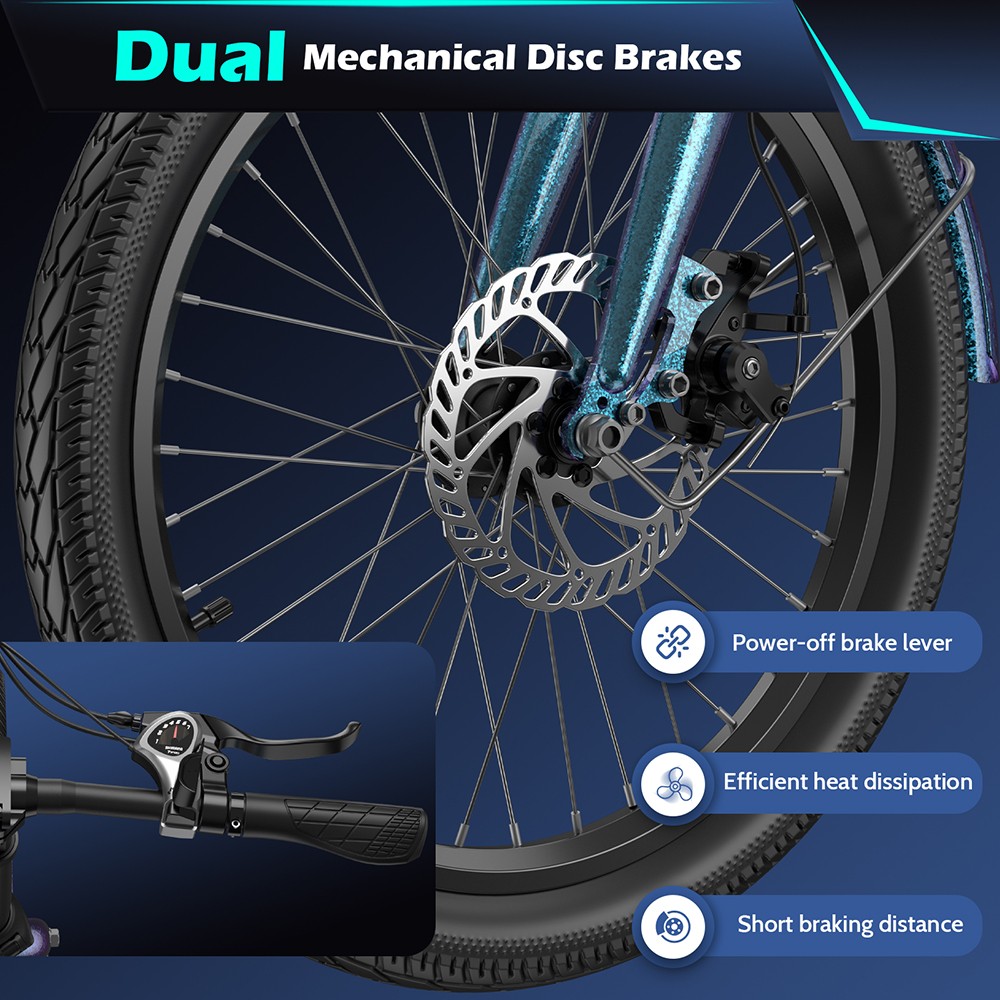 Fafrees F20 Lasting Electric Bike, 250W motor, 36V 18,2Ah batéria, 20*1.95'' pneumatiky, max. rýchlosť 25km/h, max. dojazd 120km, mechanické kotúčové brzdy, SHIMANO 7 rýchlostí - Aurora Blue