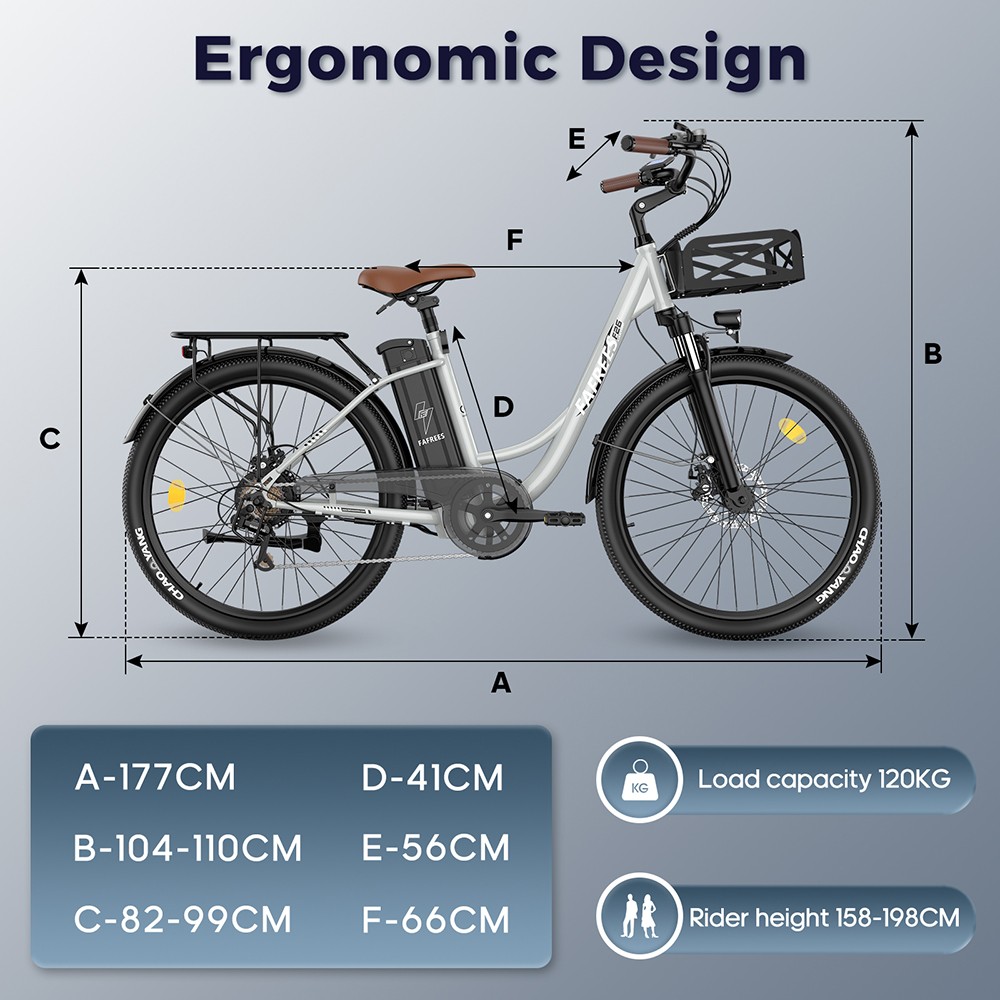 Fafrees F26 Lasting Electric Bike, 250W motor, 36V 20,3Ah batéria, 26*1,95'' pneumatiky, max. rýchlosť 25 km/h, dojazd 140 km, 7 rýchlostí SHIMANO, mechanické kotúčové brzdy, 2.3-palcový LCD displej - čierny