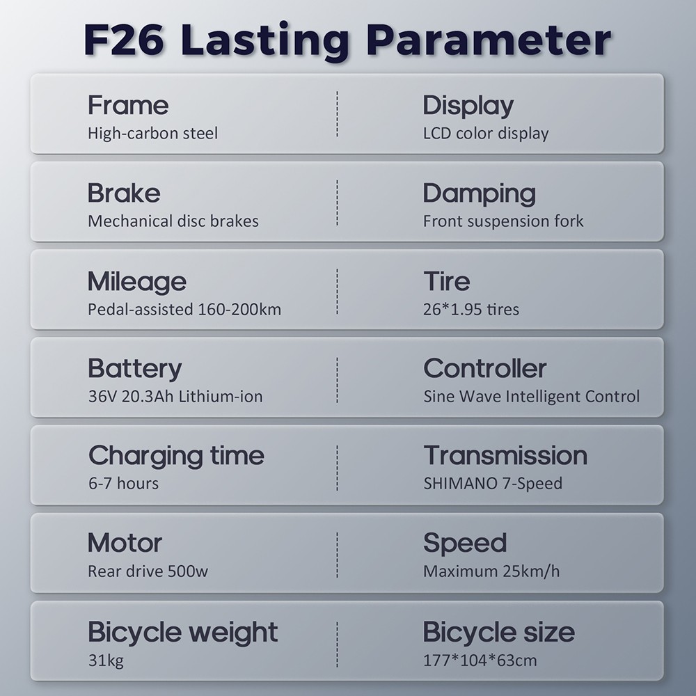 Fafrees F26 Lasting Electric Bike, 250W motor, 36V 20,3Ah batéria, 26*1,95'' pneumatiky, max. rýchlosť 25km/h, dojazd 140km, SHIMANO 7 rýchlostí, mechanické kotúčové brzdy, 2,3-palcový LCD displej - čierny