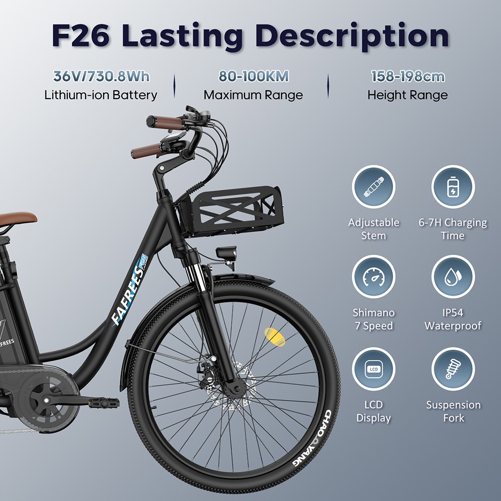 Fafrees F26 Lasting Electric Bike, 250W motor, 36V 20,3Ah batéria, 26*1,95'' pneumatiky, max. rýchlosť 25 km/h, dojazd 140 km, 7 rýchlostí SHIMANO, mechanické kotúčové brzdy, 2.3-palcový LCD displej - čierny