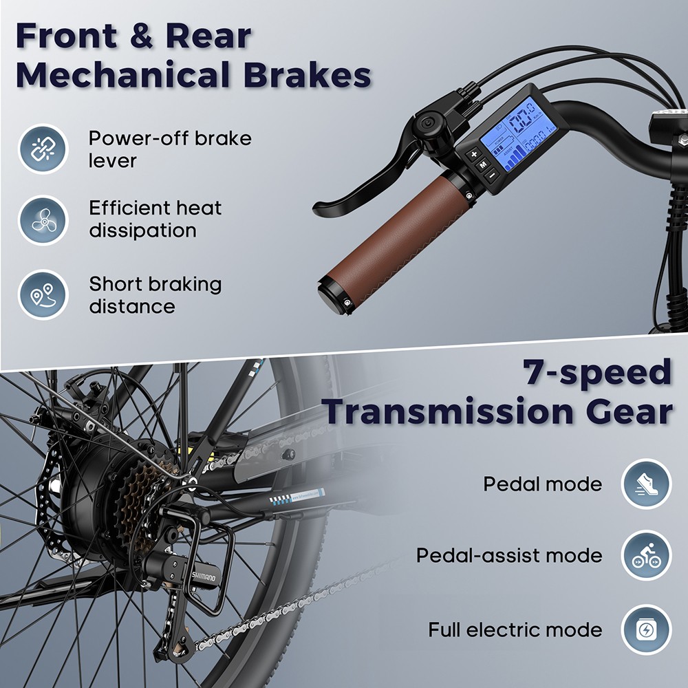 Fafrees F26 Lasting Electric Bike, 250W motor, 36V 20,3Ah batéria, 26*1,95'' pneumatiky, max. rýchlosť 25 km/h, dojazd 140 km, 7 rýchlostí SHIMANO, mechanické kotúčové brzdy, 2.3-palcový LCD displej - čierny