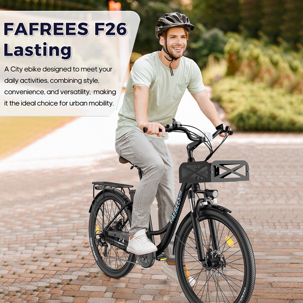 Fafrees F26 Lasting Electric Bike, 250W Motor, 36V 20.3Ah Battery, 26*1.95'' Tires, 25km/h Max Speed, 140km Range, SHIMANO 7 Speed, Mechanical Disc Brakes, 2.3-inch LCD Display - Blue