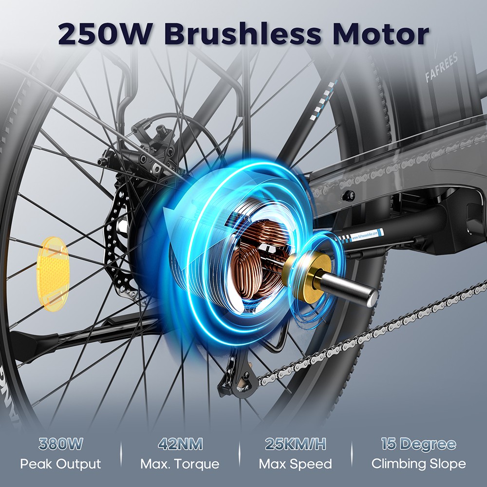 Fafrees F26 Lasting Electric Bike, 250W Motor, 36V 20.3Ah Battery, 26*1.95'' Tires, 25km/h Max Speed, 140km Range, SHIMANO 7 Speed, Mechanical Disc Brakes, 2.3-inch LCD Display - Blue