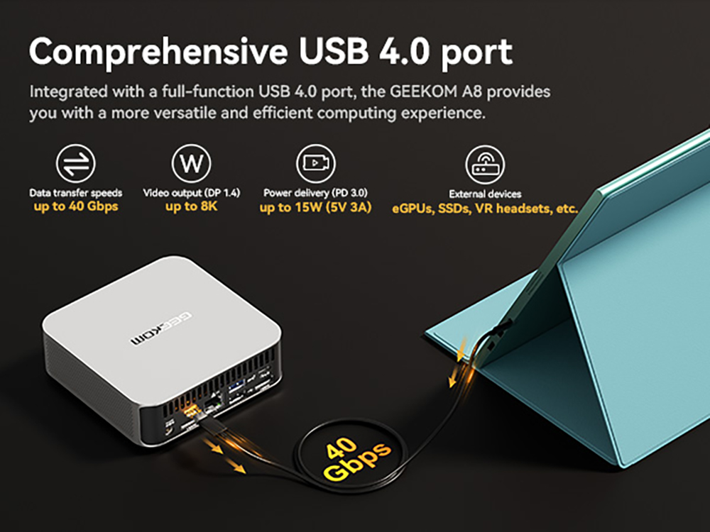 GEEKOM A8 AI Mini PC, AMD Ryzen 7 8845HS 8 jadier max. 5,1 GHz, 32 GB RAM 1 TB SSD, USB3.2 Type-C (8K@30Hz) + USB4.0 Type-C (8K@30Hz) + 2*HDMI 2.0 (4K@60Hz) Displej so štyrmi obrazovkami, WiFi 6E Bluetooth 5.2, 3*USB3.2 Type-A 1*USB2.0 1*RJ45 1*Headset Jack