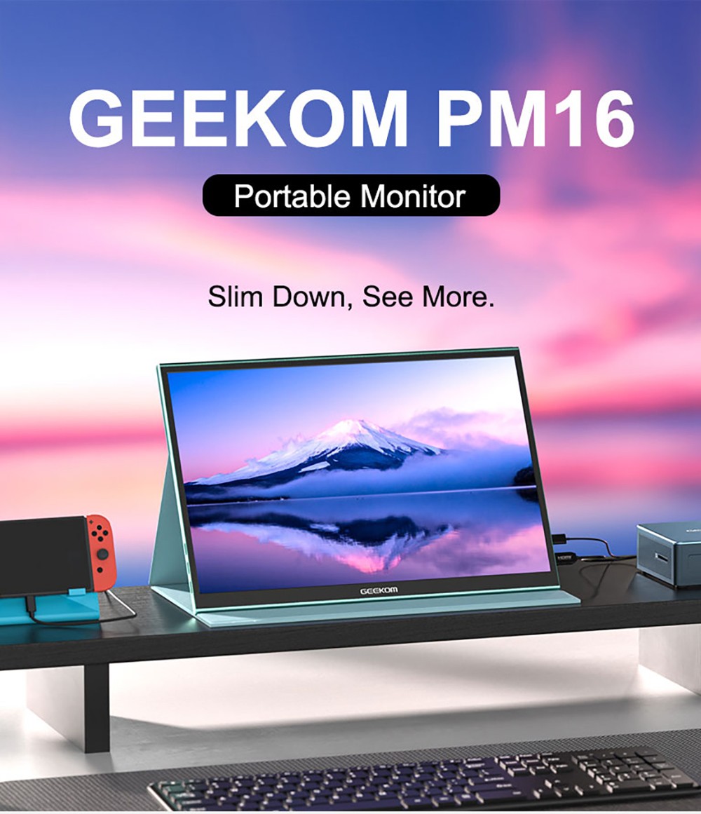 GEEKOM PM16 16-palcový prenosný monitor s inteligentným krytom, 1920*1200 FHD displej, 178 ° pozorovací uhol, kontrastný pomer 800:1, 2* plnohodnotný Type-C, 1*Mini HDMI, externý herný monitor pre PC, telefón, tablet, Xbox, PS4, Switch