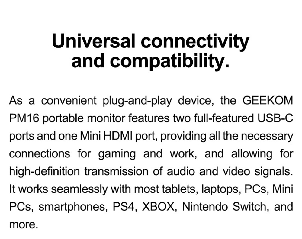GEEKOM PM16 16-palcový prenosný monitor s inteligentným krytom, 1920*1200 FHD displej, 178 ° pozorovací uhol, kontrastný pomer 800:1, 2* plnohodnotný Type-C, 1*Mini HDMI, externý herný monitor pre PC, telefón, tablet, Xbox, PS4, Switch