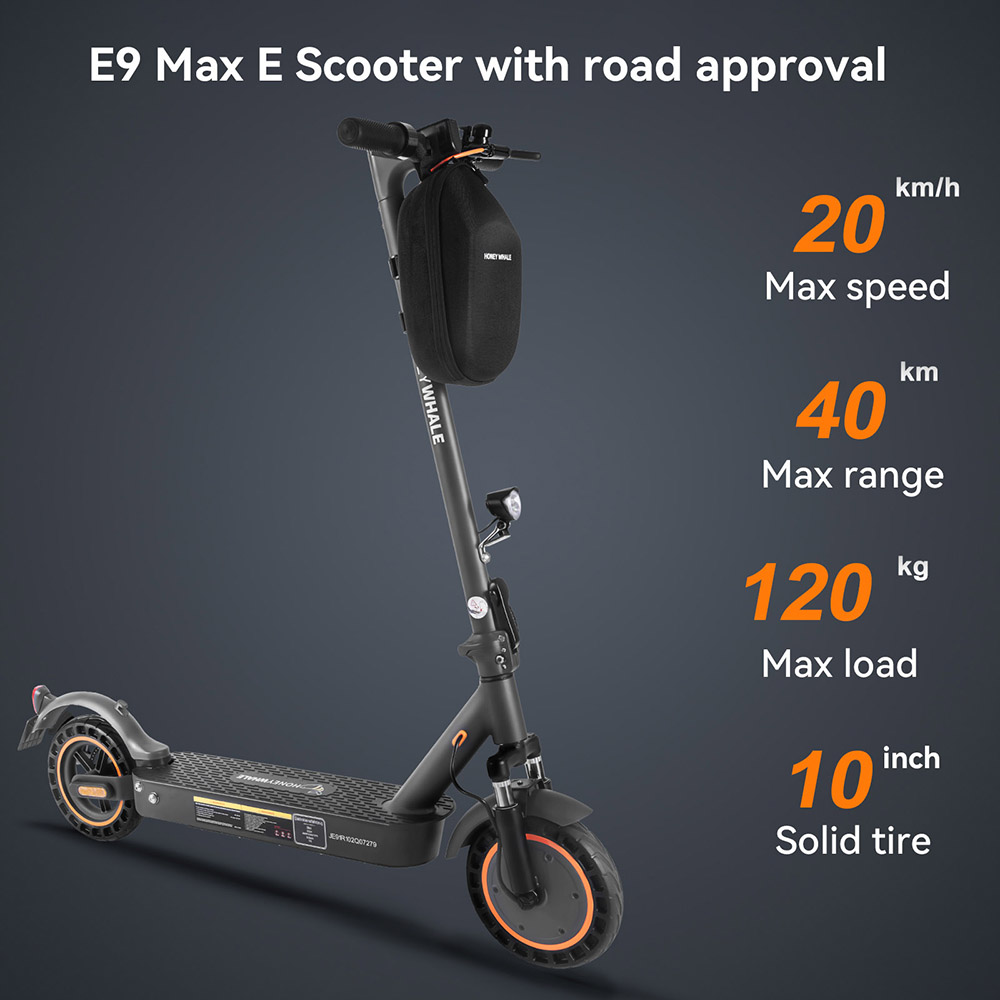 HONEY WHALE E9 MAX Electric Scooter, 500W motor, 36V 10Ah batéria, 10-palcová pneumatika, max. rýchlosť 20 km/h, dojazd 35-40 km, mechanická brzda & elektronická brzda, certifikácia ABE