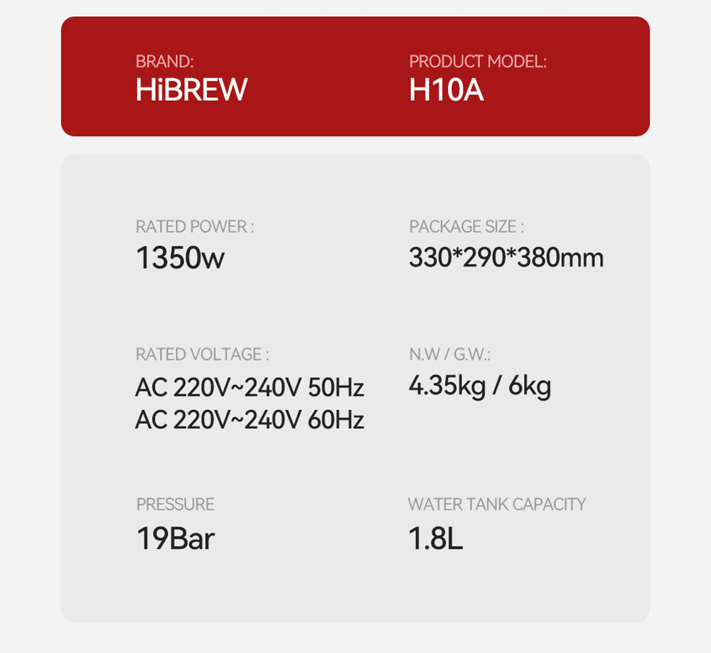 Kávovar HiBREW H10A, 19Bar extrakčný tlak, nastaviteľná teplota &; objem šálky, 58mm portafilter, 1.8L odnímateľná nádržka na vodu, béžová