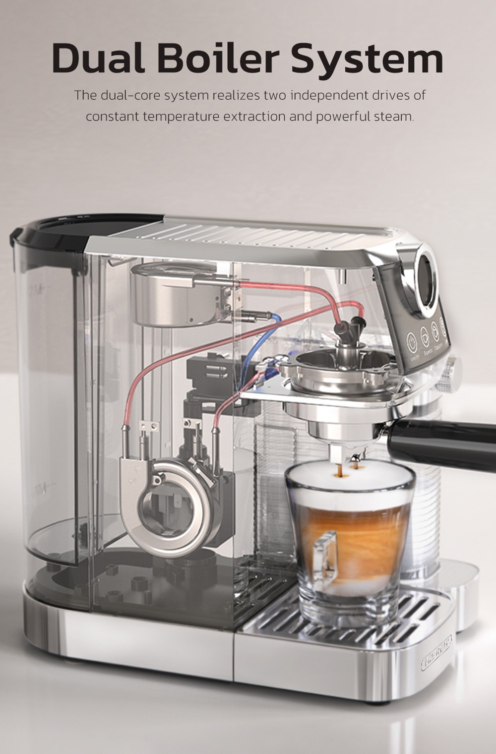 HiBREW H13A 3 in 1 Semi Automatic Coffee Machine, 6 módov kávy, 20Bar extrakčný tlak, 1.Odnímateľná nádrž na vodu s objemom 3 l, 51 mm rukoväť z hliníkovej zliatiny, systém dvojitého kotla, 3 nastaviteľné úrovne teploty