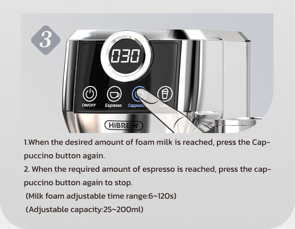HiBREW H13A 3 v 1 poloautomatický kávovar, 6 kávových režimov, tlak extrakcie 20 barov, 1.Odnímateľná nádrž na vodu s objemom 3 l, 51 mm rukoväť z hliníkovej zliatiny, systém dvojitého kotla, 3 nastaviteľné úrovne teploty