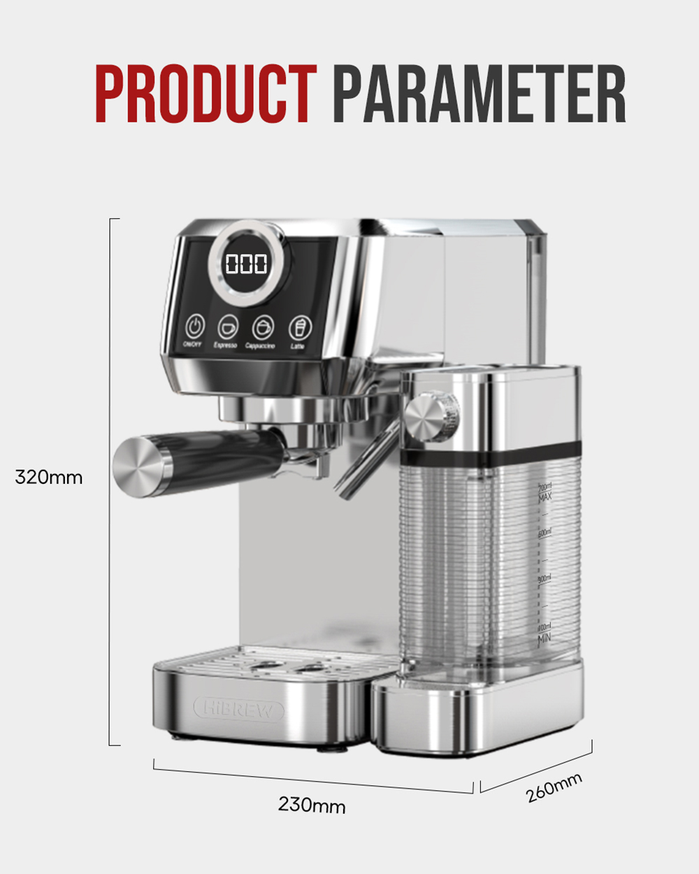 HiBREW H13A 3 in 1 Semi Automatic Coffee Machine, 6 módov kávy, 20Bar extrakčný tlak, 1.Odnímateľná nádrž na vodu s objemom 3 l, 51 mm rukoväť z hliníkovej zliatiny, systém dvojitého kotla, 3 nastaviteľné úrovne teploty