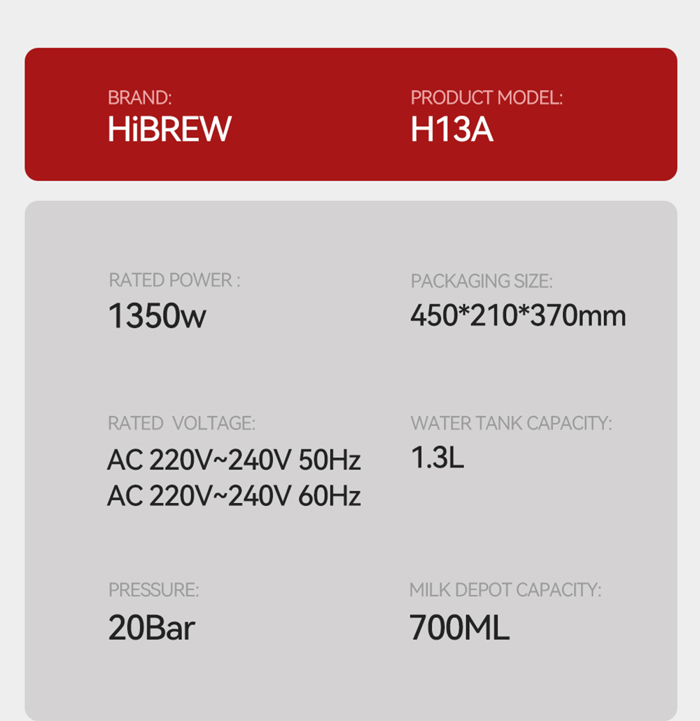 HiBREW H13A 3 in 1 Semi Automatic Coffee Machine, 6 módov prípravy kávy, 20Bar extrakčný tlak, 1,3l odnímateľná nádržka na vodu, 51mm rukoväť z hliníkovej zliatiny, dvojitý systém kotla, 3 nastaviteľné úrovne teploty