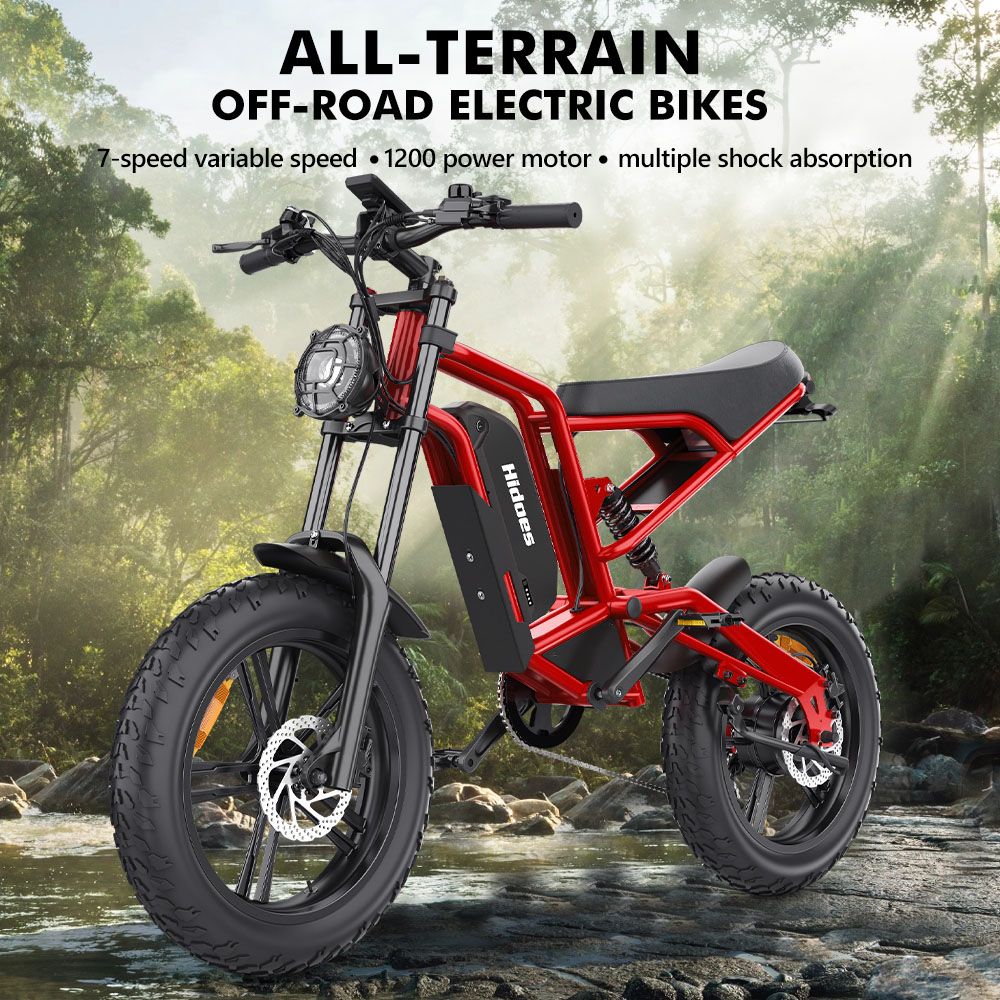 Hidoes B6 Electric Bike, 1200W motor, 48V 15Ah batéria, 20"x4" Fat Tires, 50km/h Max Speed, 75km Range, Front & Rear Oil Disc Brakes, Hydraulic Shock Absorber - Red