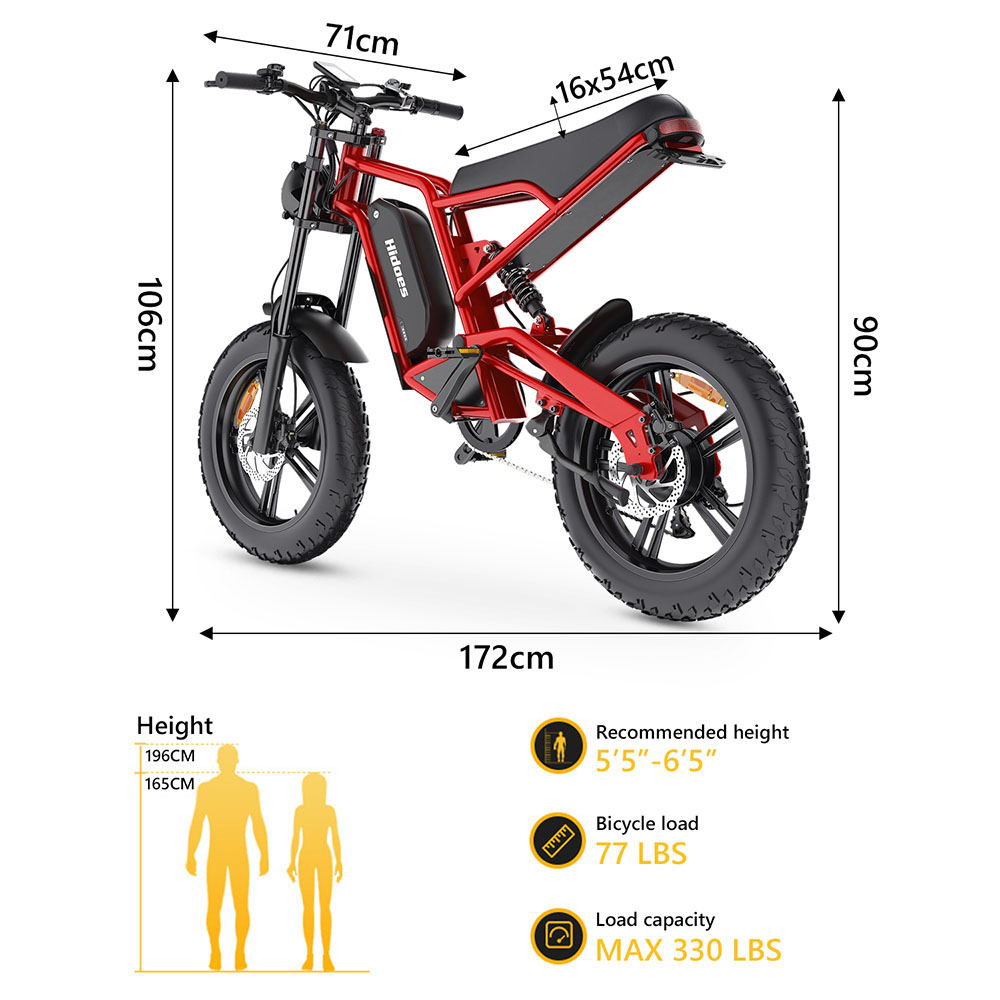 Hidoes B6 Electric Bike, 1200W motor, 48V 15Ah batéria, 20"x4" Fat Tires, 50km/h Max Speed, 75km Range, Front & Rear Oil Disc Brakes, Hydraulic Shock Absorber - Red