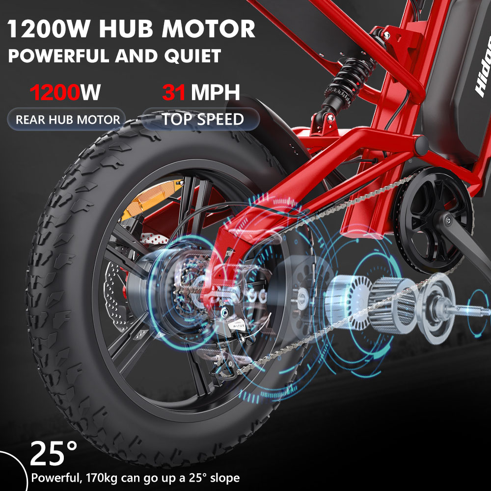 Hidoes B6 Electric Bike, 1200W motor, 48V 15Ah batéria, 20"x4" Fat Tires, 50km/h Max Speed, 75km Range, Front & Rear Oil Disc Brakes, Hydraulic Shock Absorber - Red