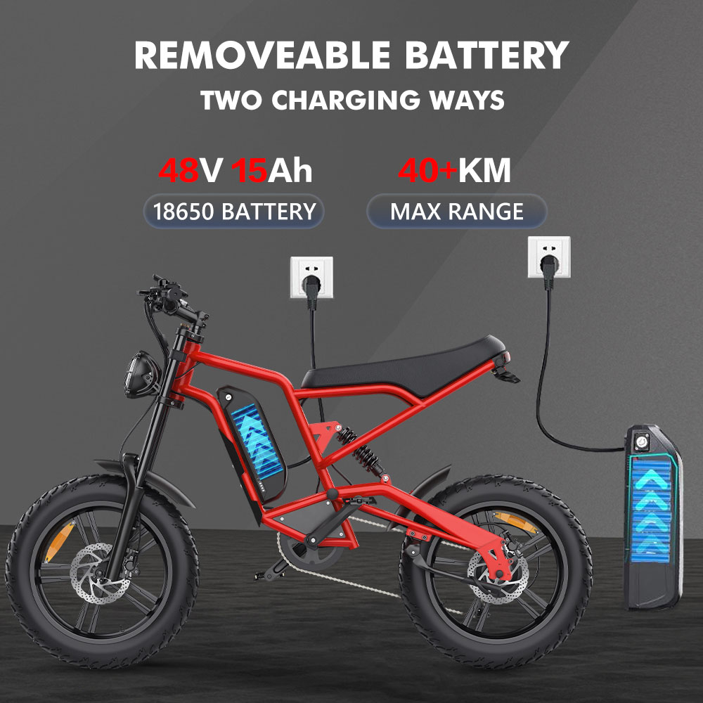 Hidoes B6 Electric Bike, 1200W motor, 48V 15Ah batéria, 20"x4" Fat Tires, 50km/h Max Speed, 75km Range, Front & Rear Oil Disc Brakes, Hydraulic Shock Absorber - Red