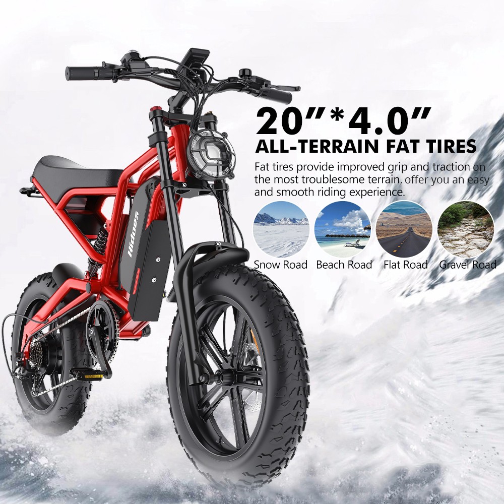 Hidoes B6 Electric Bike, 1200W motor, 48V 15Ah batéria, 20"x4" Fat Tires, 50km/h Max Speed, 75km Range, Front & Rear Oil Disc Brakes, Hydraulic Shock Absorber - Red