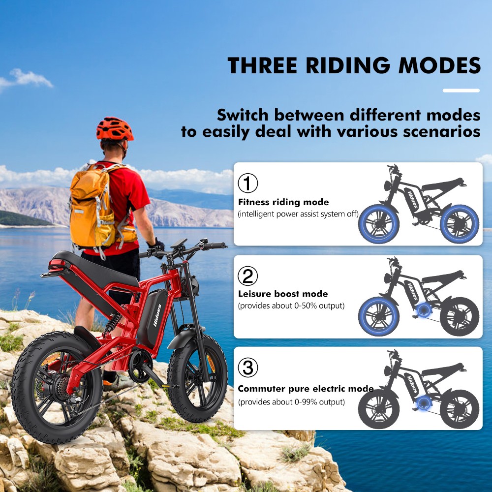 Hidoes B6 Electric Bike, 1200W motor, 48V 15Ah batéria, 20"x4" Fat Tires, 50km/h Max Speed, 75km Range, Front & Rear Oil Disc Brakes, Hydraulic Shock Absorber - Red