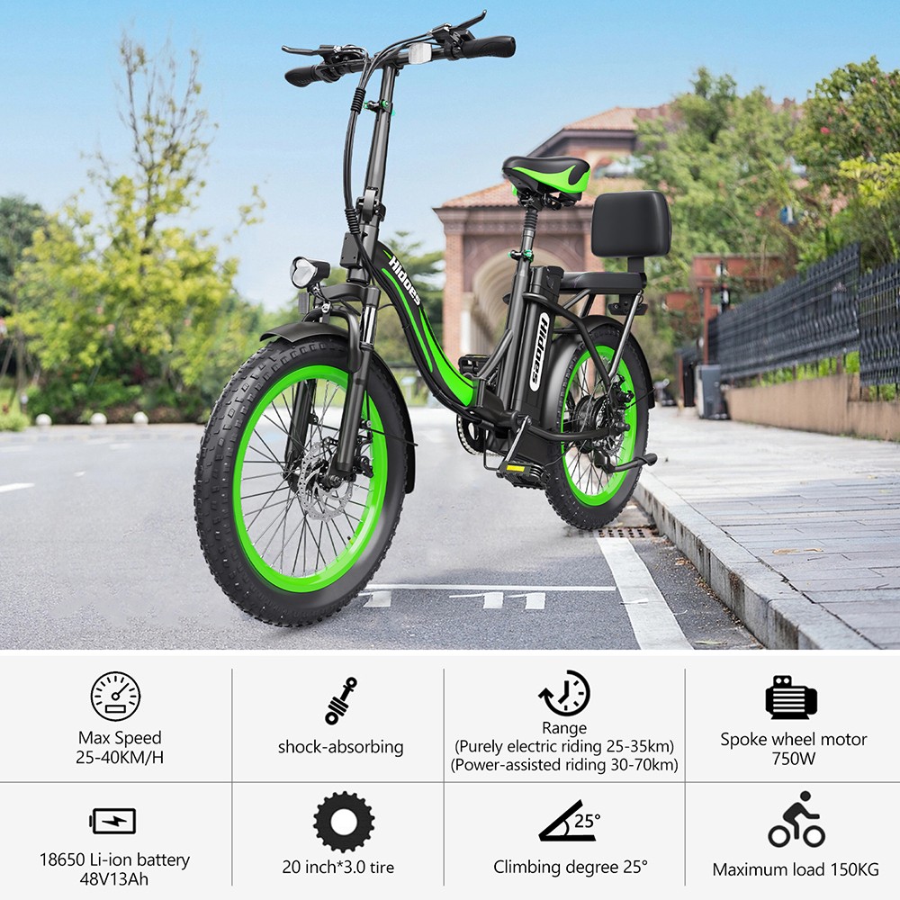 Hidoes C1 Electric Bike with Rear Seat, 750W Motor, 48V 13Ah Battery, 20*3-inch Fat Tire, 40km/h Max Speed, 70km Range, Front & Rear Disc Brake