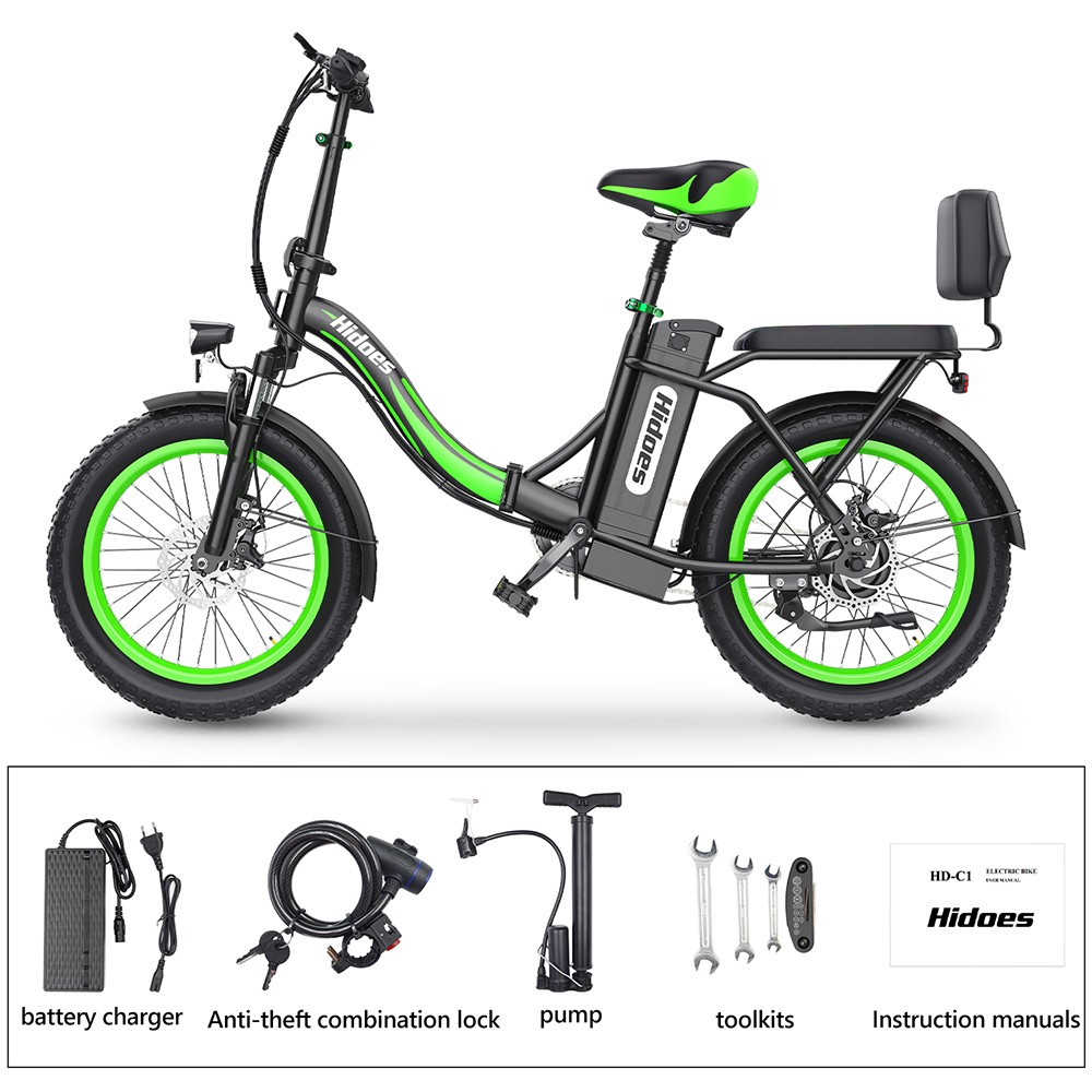 Hidoes C1 Electric Bike with Rear Seat, 750W Motor, 48V 13Ah Battery, 20*3-inch Fat Tire, 40km/h Max Speed, 70km Range, Front & Rear Disc Brake