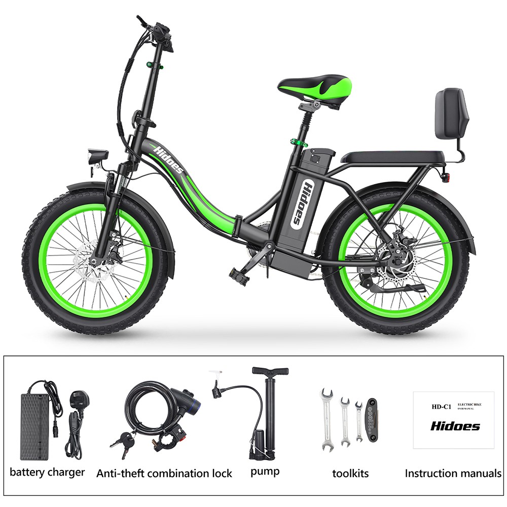 Hidoes C1 Electric Bike with Rear Seat, 750W Motor, 48V 13Ah Battery, 20*3-inch Fat Tire, 40km/h Max Speed, 70km Range, Front & Rear Disc Brake