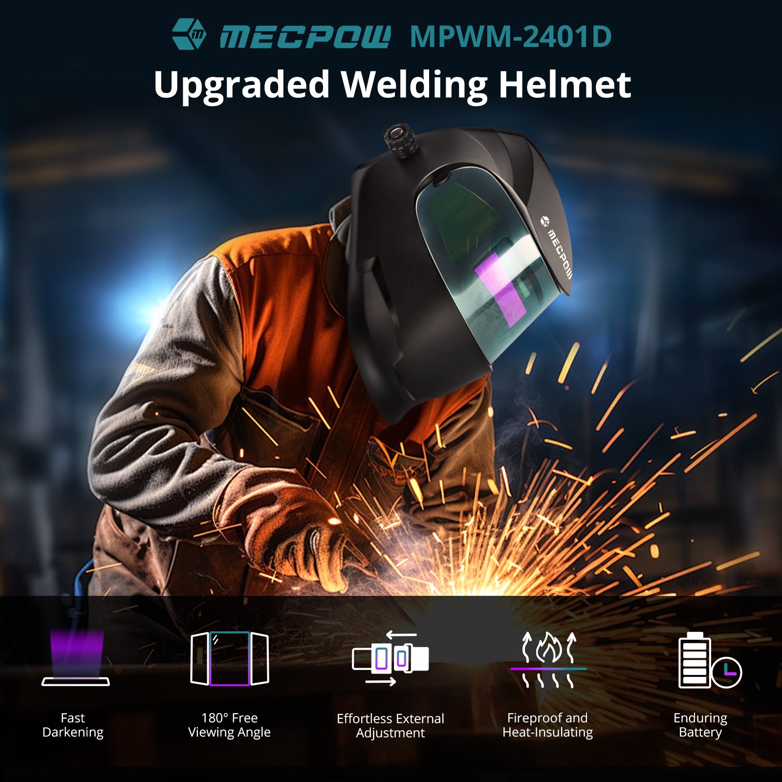 Mecpow MPWM-2401D Auto Darkening Welding Helmet with 180&deg; Viewing Angle, Headgear Knobs, Solar Cell/Lithium Battery Power, Black