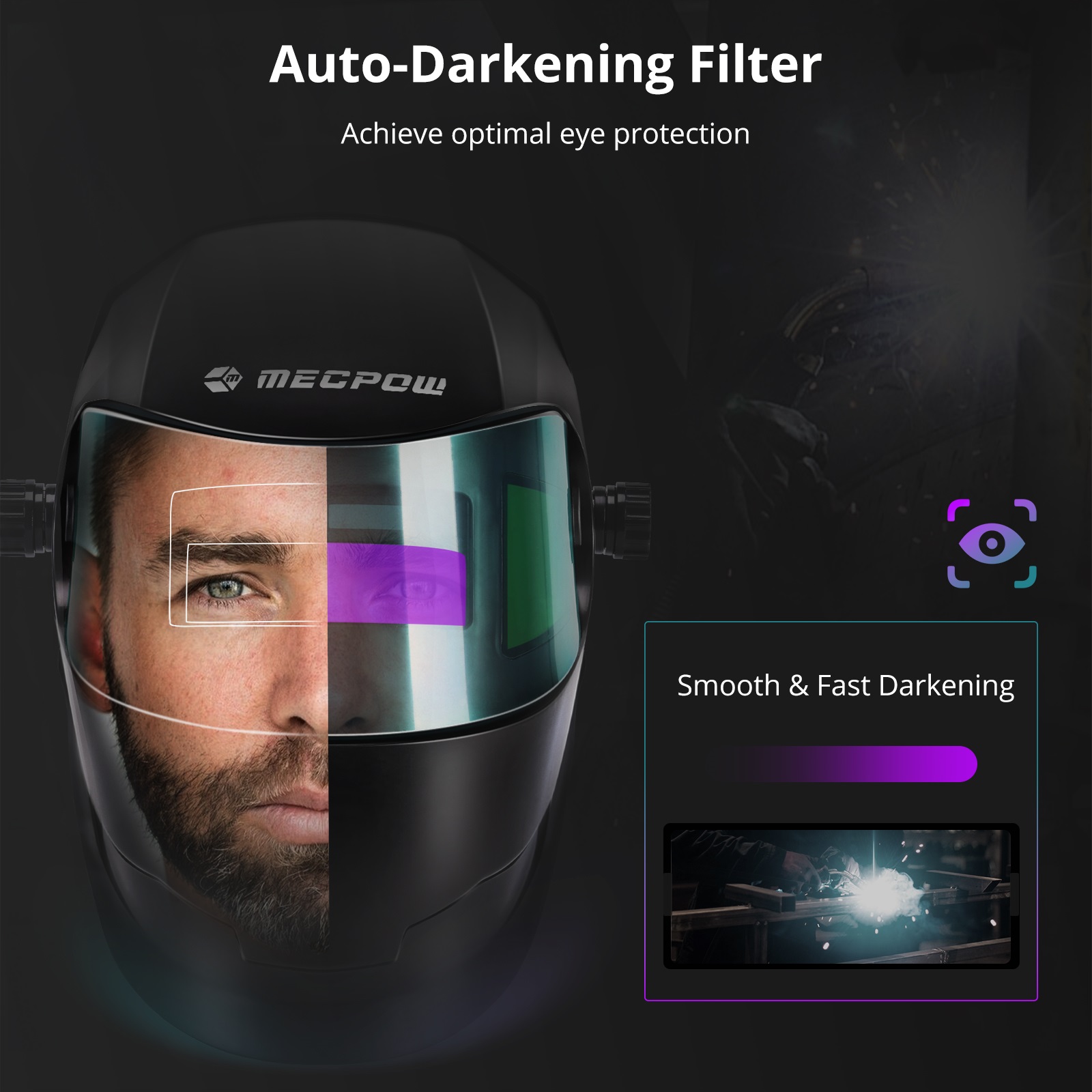 Mecpow MPWM-2401D Auto Darkening Welding Helmet with 180&deg; Viewing Angle, Headgear Knobs, Solar Cell/Lithium Battery Power, Black