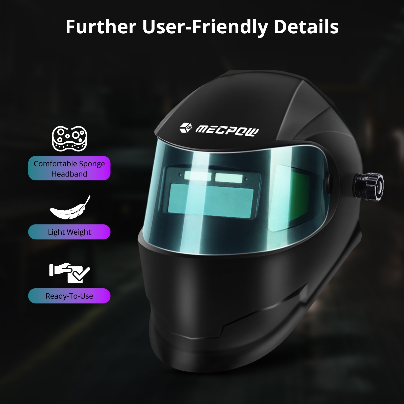 Mecpow MPWM-2401D Auto Darkening Welding Helmet with 180&deg; Viewing Angle, Headgear Knobs, Solar Cell/Lithium Battery Power, Black