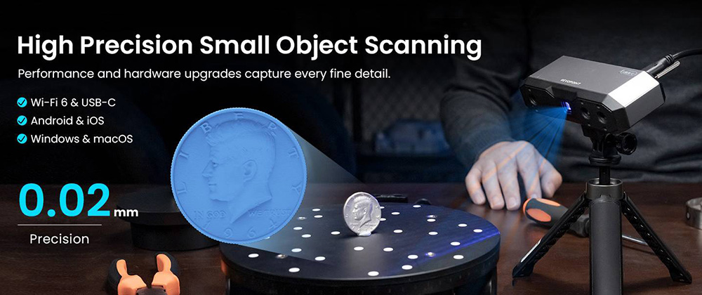 3D skener Revopoint MINI 2, 0.Presnosť 02 mm, rozlíšenie 2 Mpx, rýchlosť skenovania až 16 snímok za sekundu, modré svetlo, pracovná vzdialenosť 120 - 250 mm, 6 zábleskových LED diód, sledovanie pohybu IMU, pre zubné lekárstvo/malé objekty, pokročilá edícia