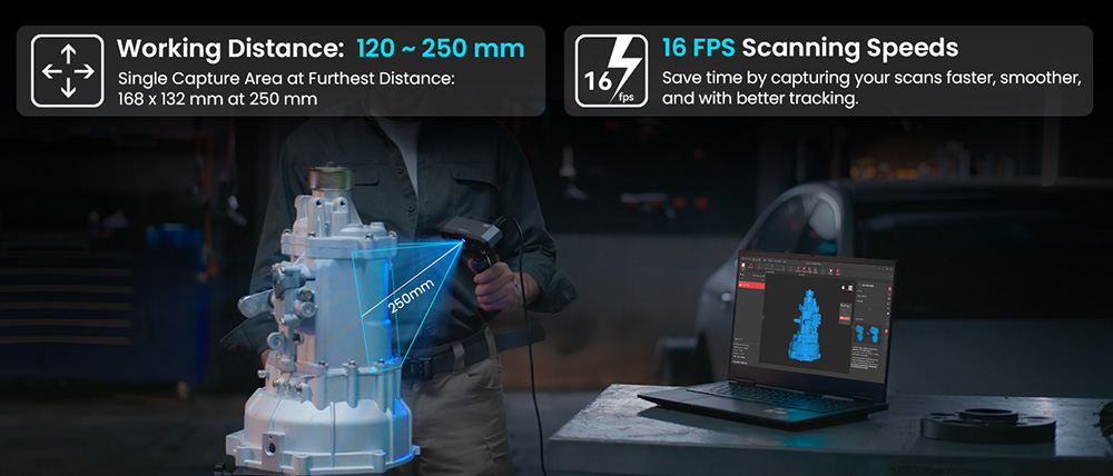 3D skener Revopoint MINI 2, 0.Presnosť 02 mm, rozlíšenie 2 Mpx, rýchlosť skenovania až 16 snímok za sekundu, modré svetlo, pracovná vzdialenosť 120 - 250 mm, 6 bleskových LED diód, sledovanie pohybu IMU, pre zubné lekárstvo/malé objekty, pokročilá edícia