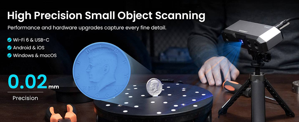 3D skener Revopoint MINI 2, 0.Presnosť 02 mm, rozlíšenie 2 Mpx, rýchlosť skenovania až 16 snímok za sekundu, modré svetlo, pracovná vzdialenosť 120 - 250 mm, 6 zábleskových LED diód, sledovanie pohybu IMU, pre zubné/malé objekty, štandardná edícia
