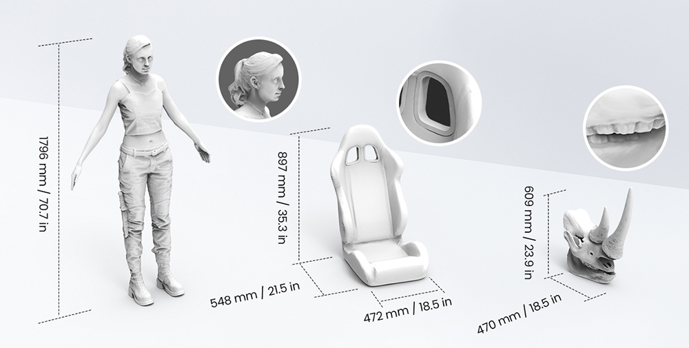 3D skener Revopoint RANGE 2, 0.Presnosť 1 mm, rozlíšenie 2 Mpx, rýchlosť skenovania až 16 snímok za sekundu, pracovná vzdialenosť 400 - 1300 mm, 4 LED diódy s bleskom, sledovanie pohybu IMU, podpora tváre tela/veľkých objektov & Win/Android/iOS/macOS