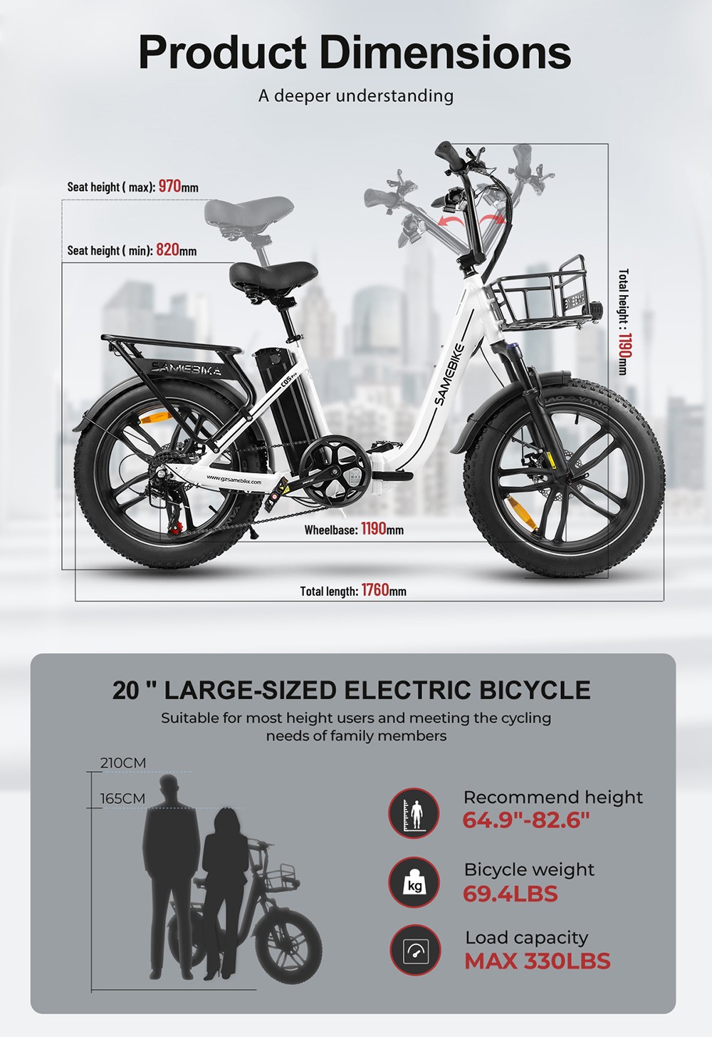 SAMEBIKE C05 Pro Electric Bike, 500W motor, 36V 13Ah batéria, 20*4-palcové pneumatiky, max. rýchlosť 35 km/h, max. dojazd 70 km, mechanické kotúčové brzdy, Shimano 7 rýchlostí - čierny