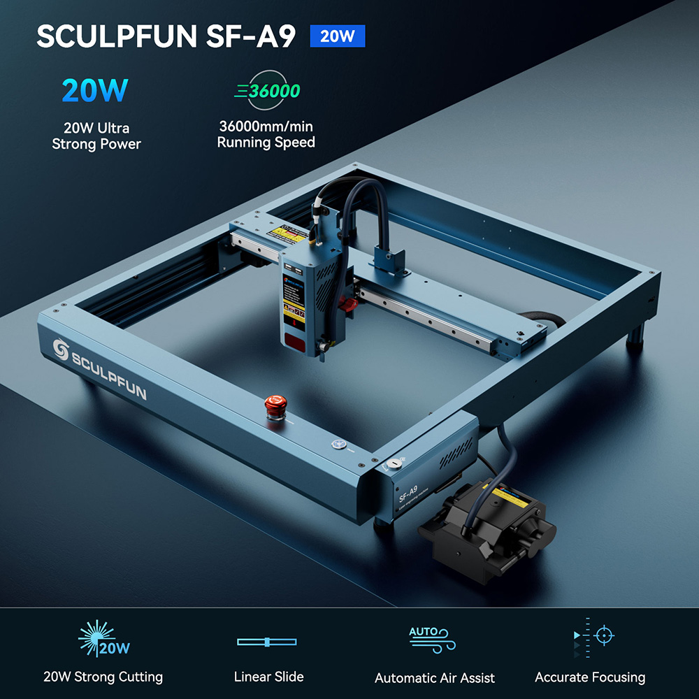 SCULPFUN SF-A9 20W laserový gravírovací stroj, rýchlosť gravírovania 36000 mm/min, núdzové zastavenie & detská poistka, nastaviteľná výška, automatický vzduchový asistent, funkcia WiFi/USB/BT, 400x400mm