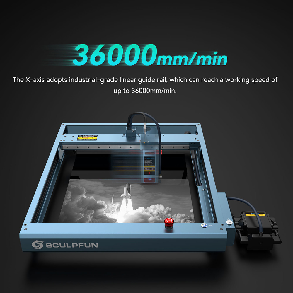 SCULPFUN SF-A9 20W laserový gravírovací stroj, rýchlosť gravírovania 36000 mm/min, núdzové zastavenie & detská poistka, nastaviteľná výška, automatický vzduchový asistent, funkcia WiFi/USB/BT, 400x400 mm