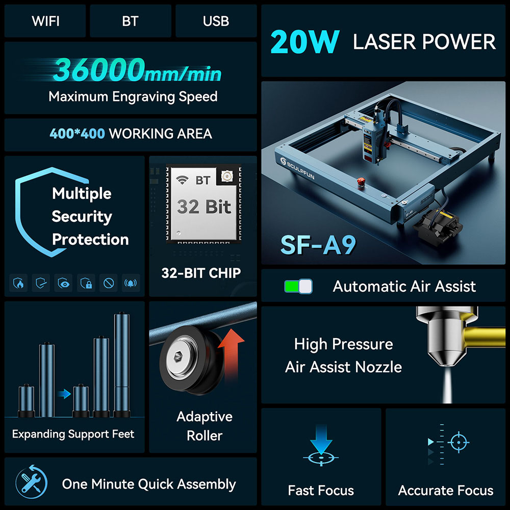 SCULPFUN SF-A9 20W laserový gravírovací stroj, rýchlosť gravírovania 36000 mm/min, núdzové zastavenie & detský spínač, nastaviteľná výška, automatický vzduchový asistent, funkcia WiFi/USB/BT, 400x400 mm