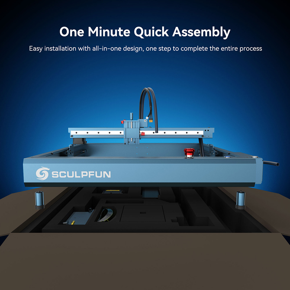 SCULPFUN SF-A9 20W laserový gravírovací stroj, rýchlosť gravírovania 36000 mm/min, núdzové zastavenie & detská poistka, nastaviteľná výška, automatický vzduchový asistent, funkcia WiFi/USB/BT, 400x400 mm