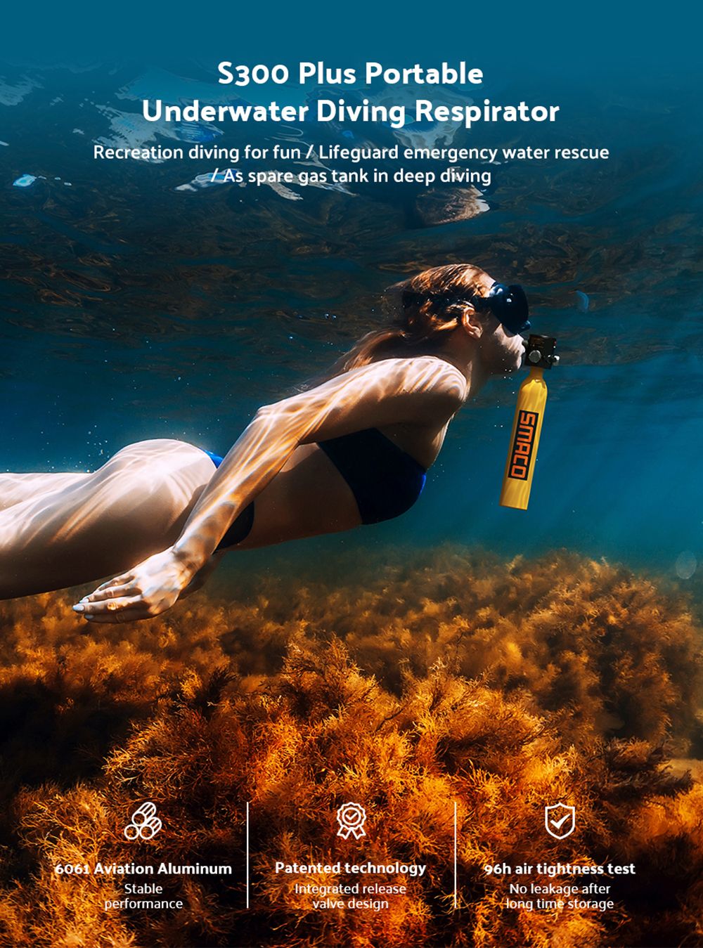 SMACO S300 Plus 0.5L Mini Scuba Tank - Green